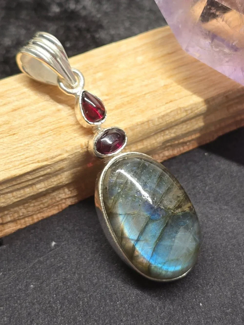Ruby & Labradorite Pendant, Natural Gemstone Crystal Jewelry